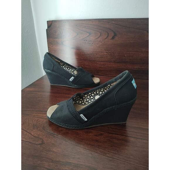 Black Toms Calypso Wedges Slip-On Peep Open Toe Canvas Women's Size 7w - Picture 1 of 5